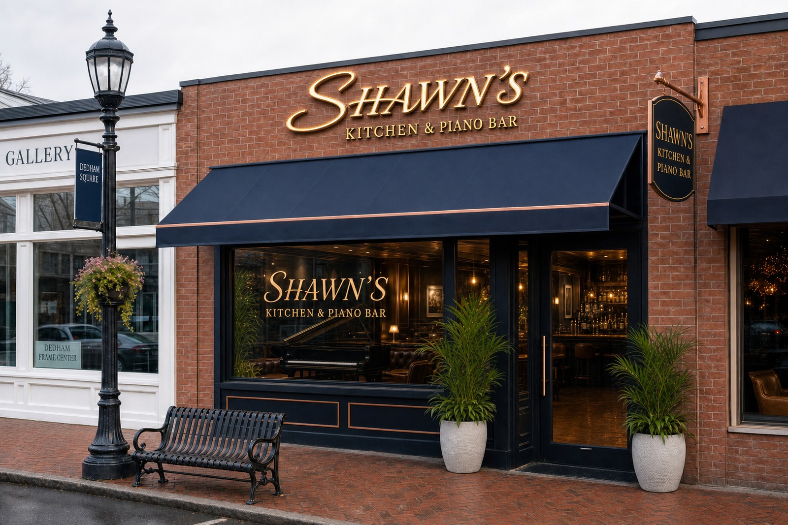 Daytime design rendering of the Shawn&rsquo;s Kitchen and Piano Bar storefront elevation with navy awning and gold lettering