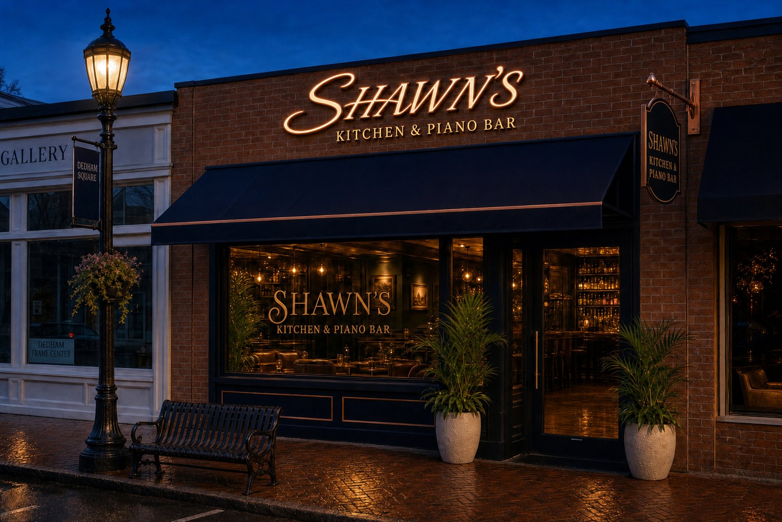 Design rendering of the Shawn&rsquo;s Kitchen and Piano Bar storefront at dusk with a navy awning and illuminated gold signage on a red brick Dedham Square building