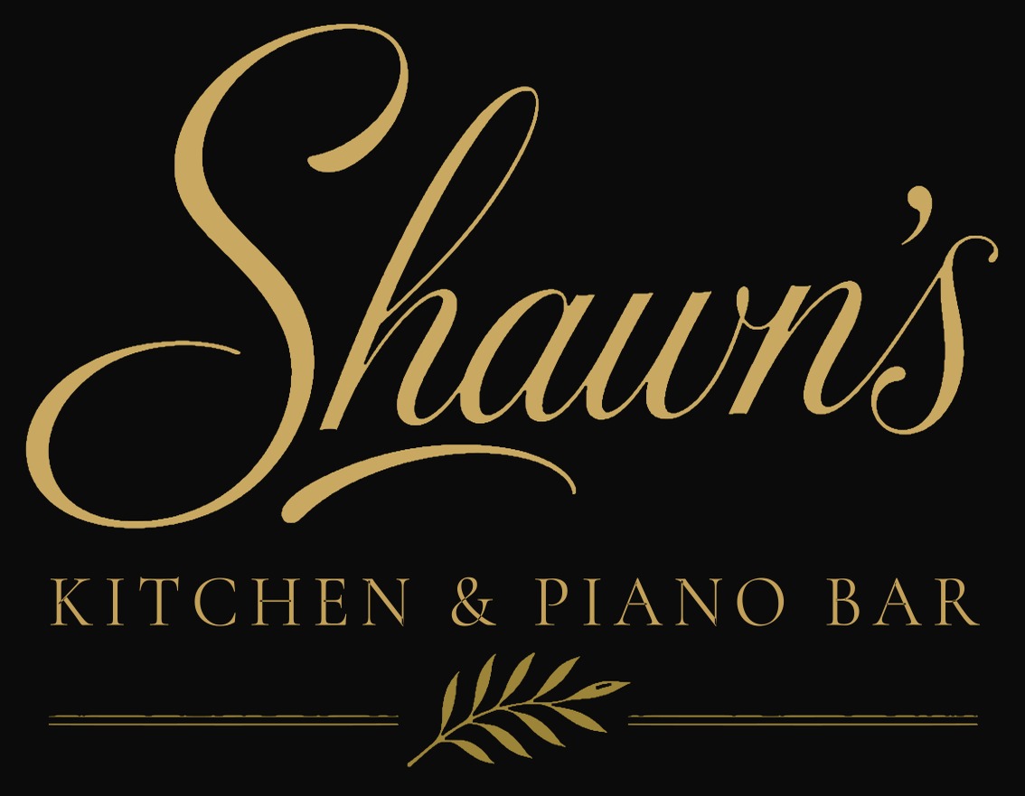 Shawn&rsquo;s Kitchen & Piano Bar logo in gold script on a black background with a botanical leaf detail