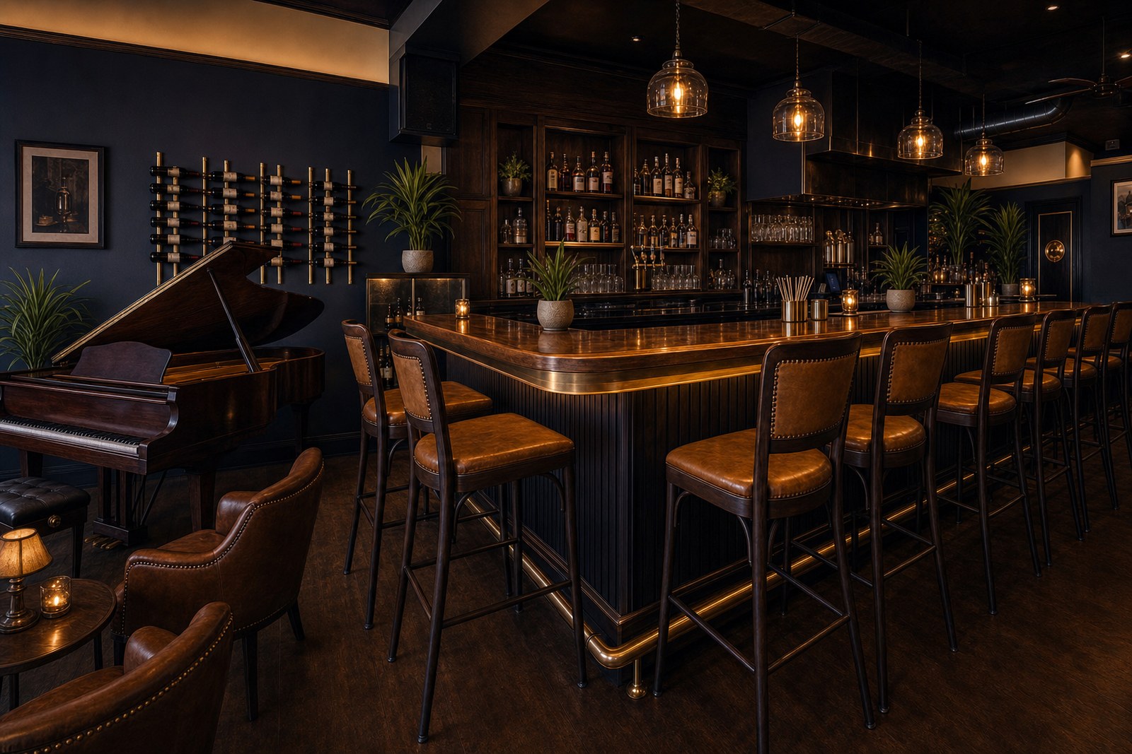 Design rendering of the Shawn&rsquo;s Kitchen and Piano Bar bar with a navy panelled bar front, copper trim, leather barstools and a baby grand piano