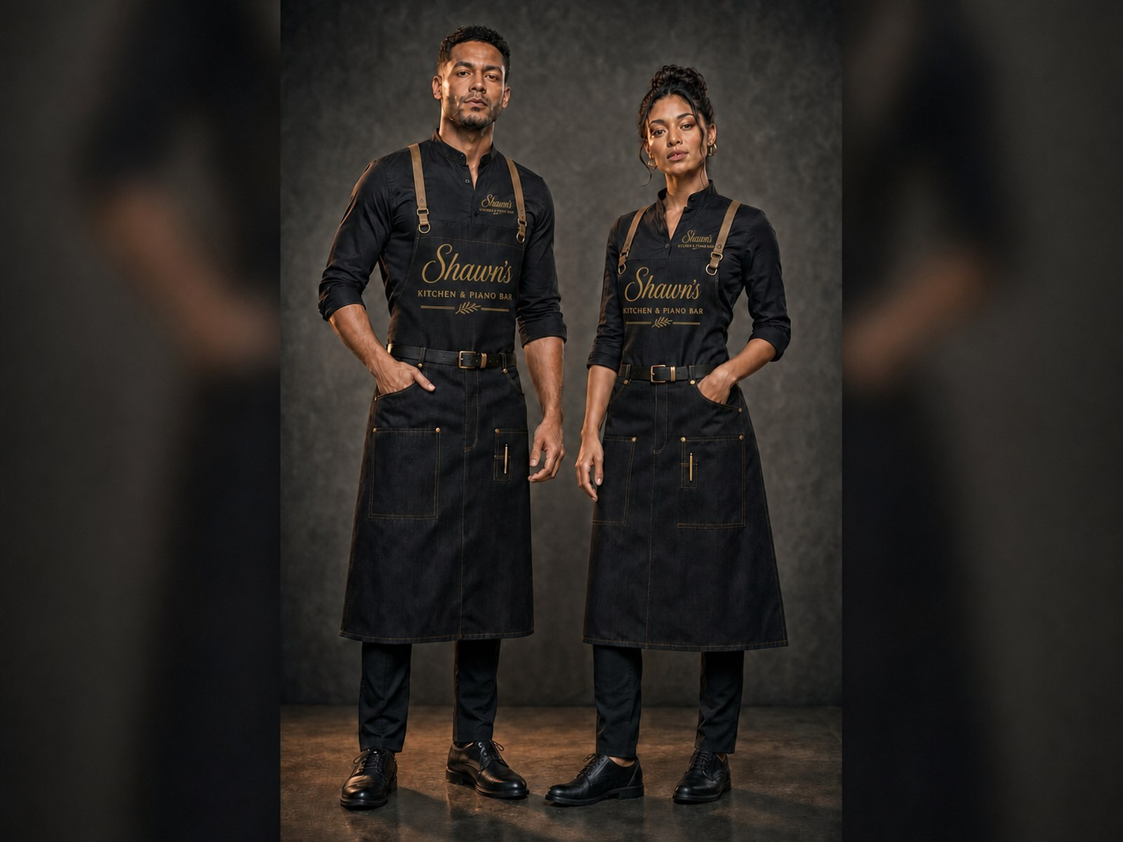 Two servers in black denim bib aprons carrying the gold Shawn&rsquo;s Kitchen and Piano Bar wordmark, with tan leather straps and black shirts