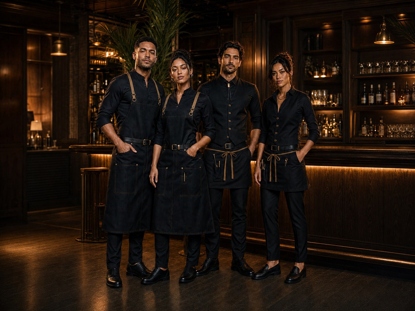 Four front-of-house staff in black uniforms with denim bib aprons, waist aprons and a buttoned vest, standing in front of the piano-bar back bar