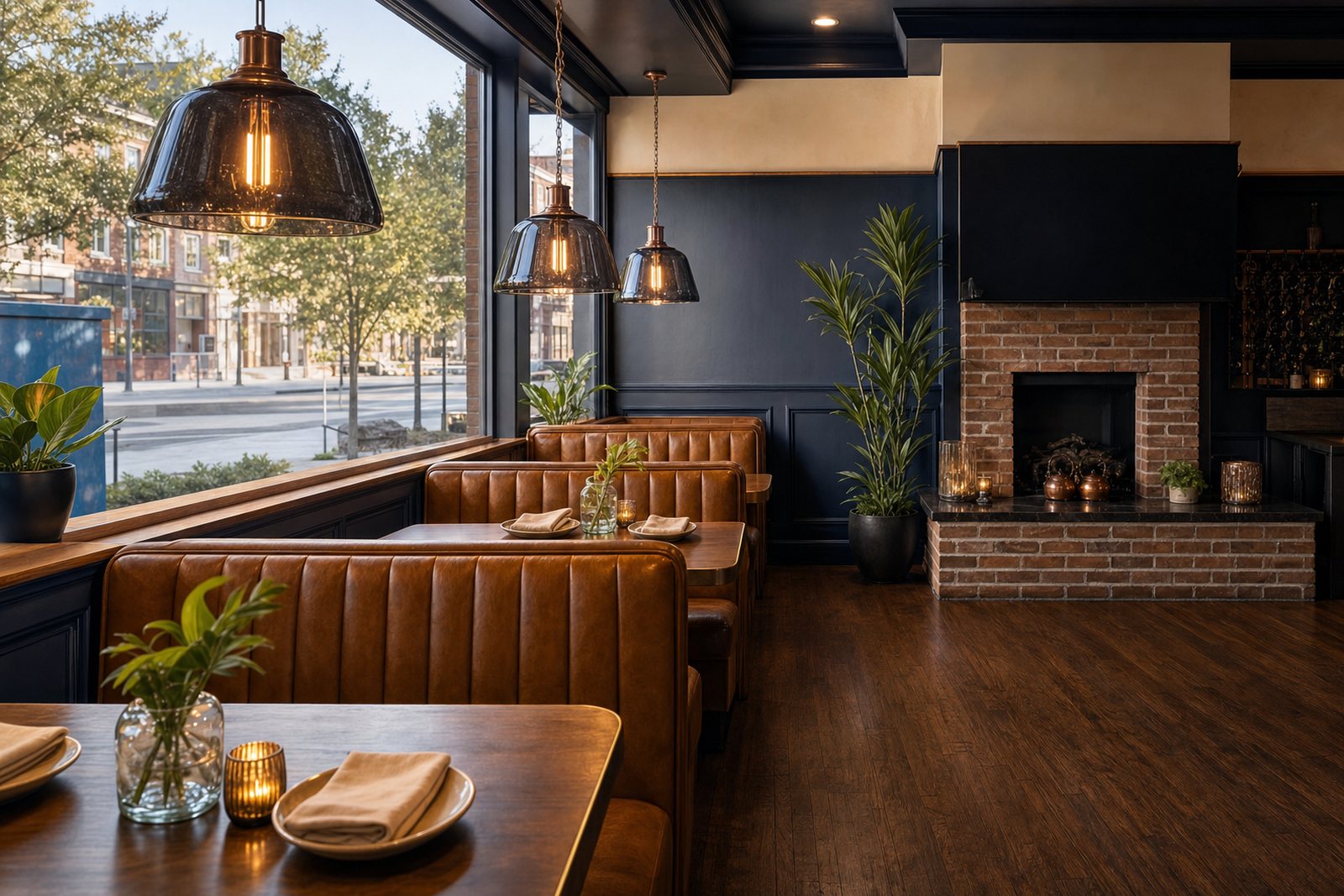 Design rendering of compact U-shaped leather booths in the Shawn&rsquo;s Kitchen and Piano Bar window bay with copper dome pendants