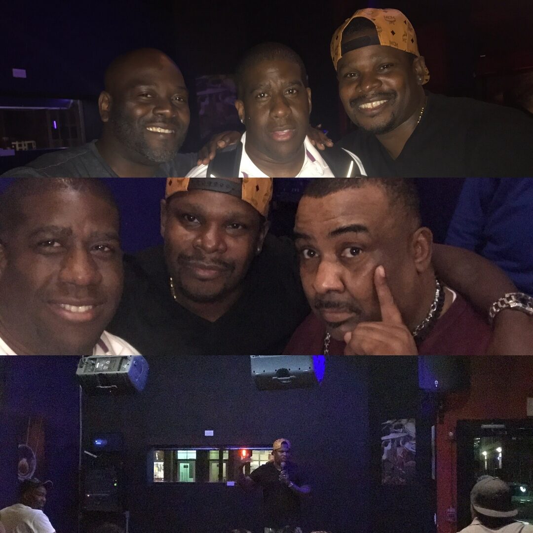 Photo collage of guests and a performer on stage during live entertainment nights at Slade's Bar and Grill in Boston