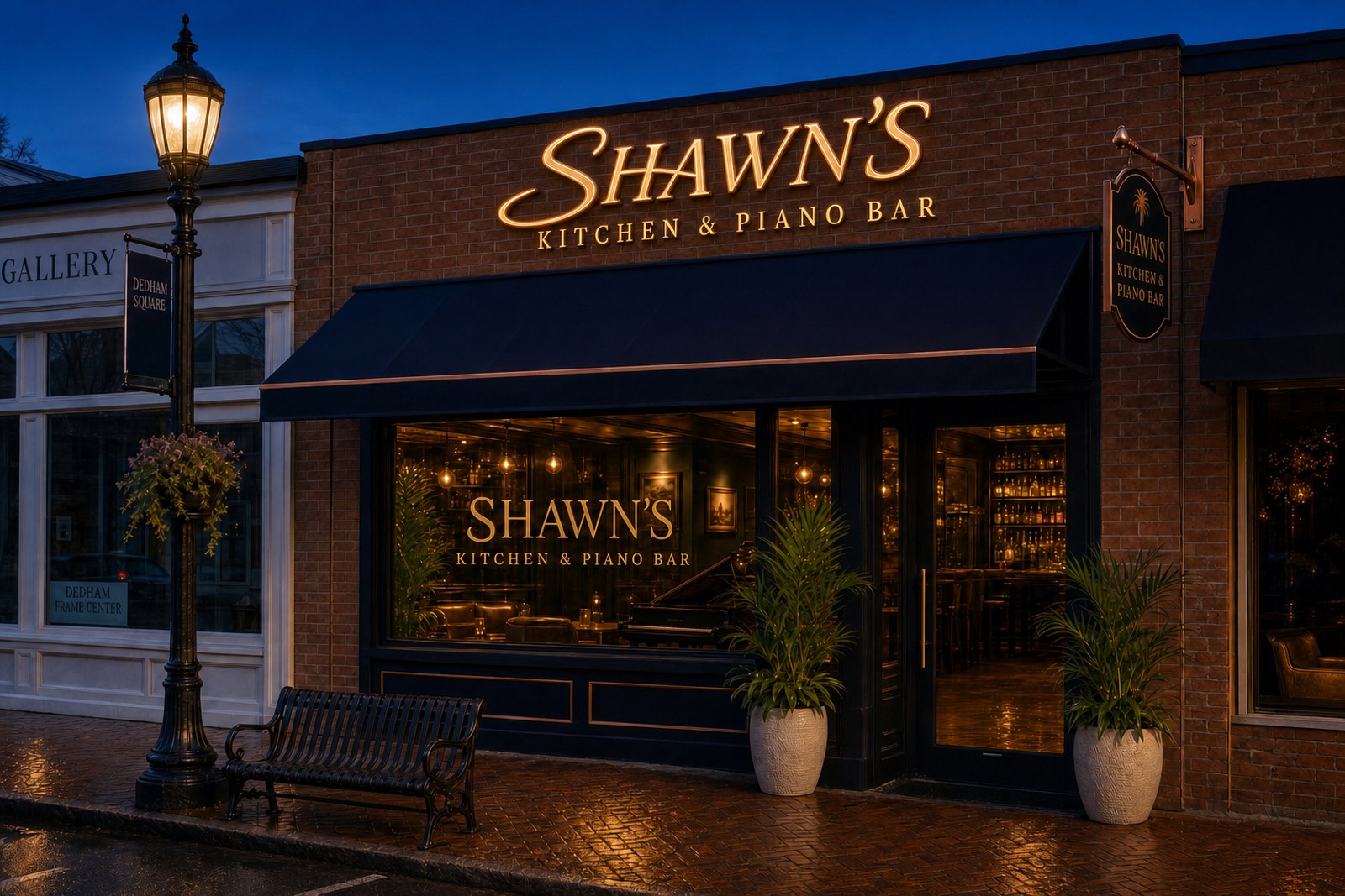 Design rendering of the Shawn&rsquo;s Kitchen & Piano Bar storefront at dusk on High Street, Dedham Square, with a navy awning, illuminated gold signage and warm light through the plate glass